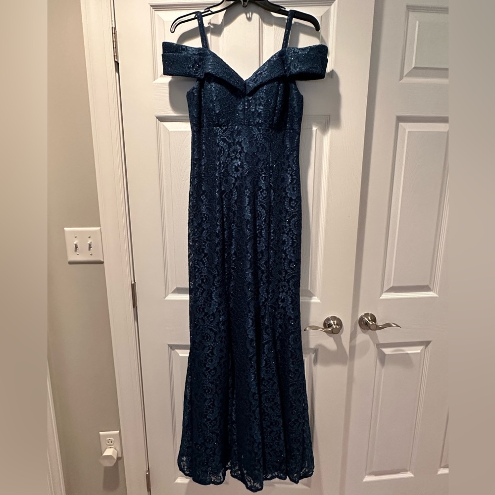 R & M Richards Off-The-Shoulder Lace Gown with Sequins